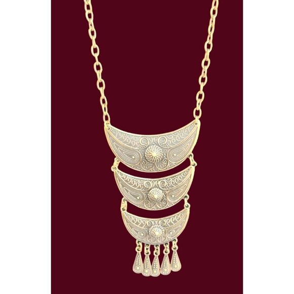 Boho Statement Necklace With Tiered Crescent Design & Dangling Charms - Picture 2 of 5
